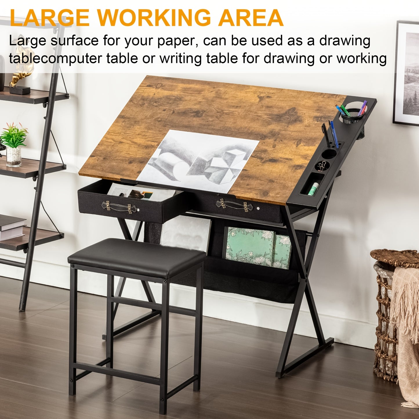 Brown Adjustable Drafting Table With Drawers And Stool