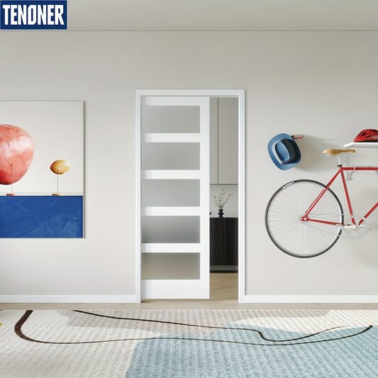 Sliding Pocket Door 5 Panel Frosted Glass White Primed