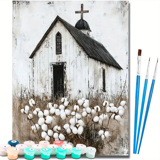Paint By Numbers Kit Adults Rustic White Church Blossoms