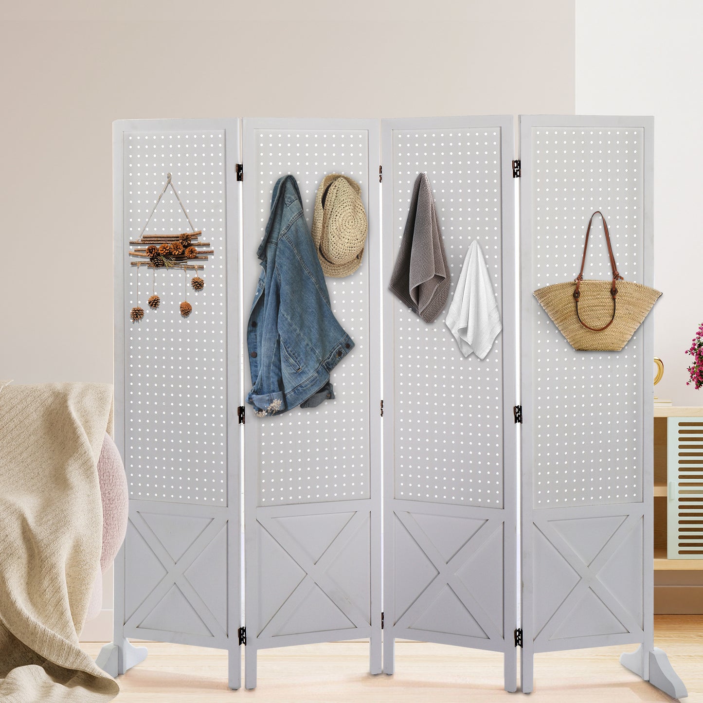 Vingli 60 Inch Freestanding Wood Pegboard Room Divider