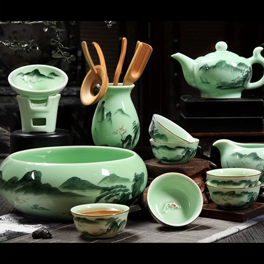Celadon Ceramic Tea Cups Set 3pc Hand Painted Landscape