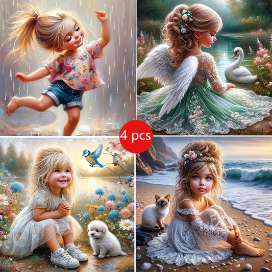 4Pcs Cute Little Girl Diamond Painting Kit Full Round 5D