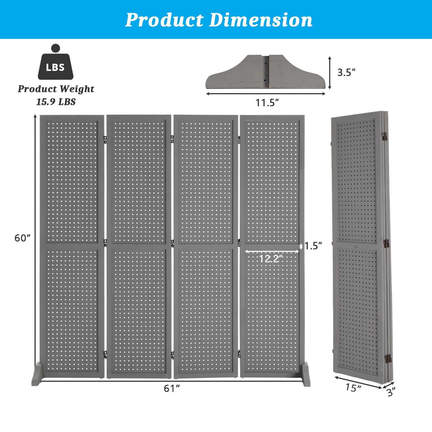 5 Ft Wood Freestanding Pegboard Room Divider Organizer