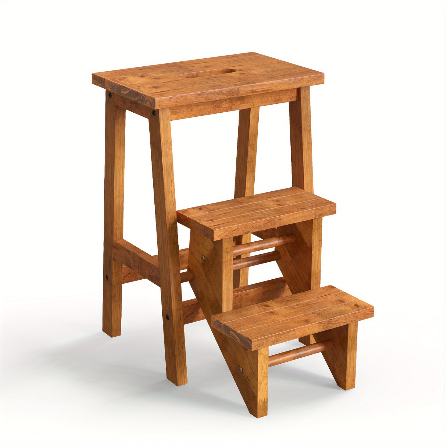 3 In 1 Folding Step Stool With 24 Storage Shelf Rubber Wood