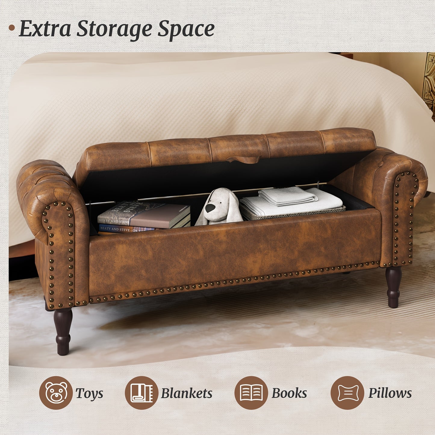 Storage Bench Ottoman 50 Inch Linen And Faux Leather