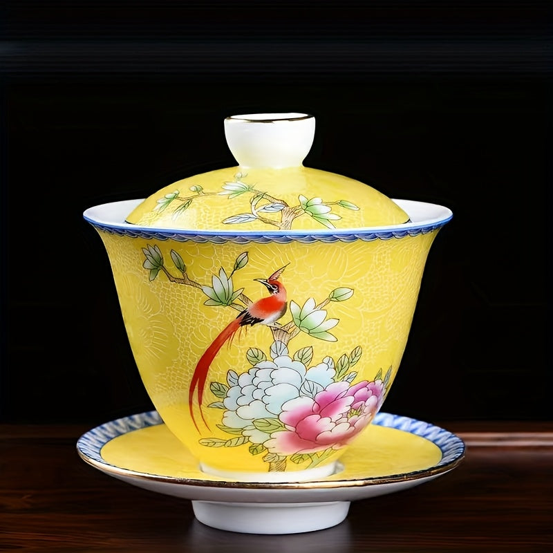 Ceramic Enamel Covered Tea Cup Set With Lid And Decor