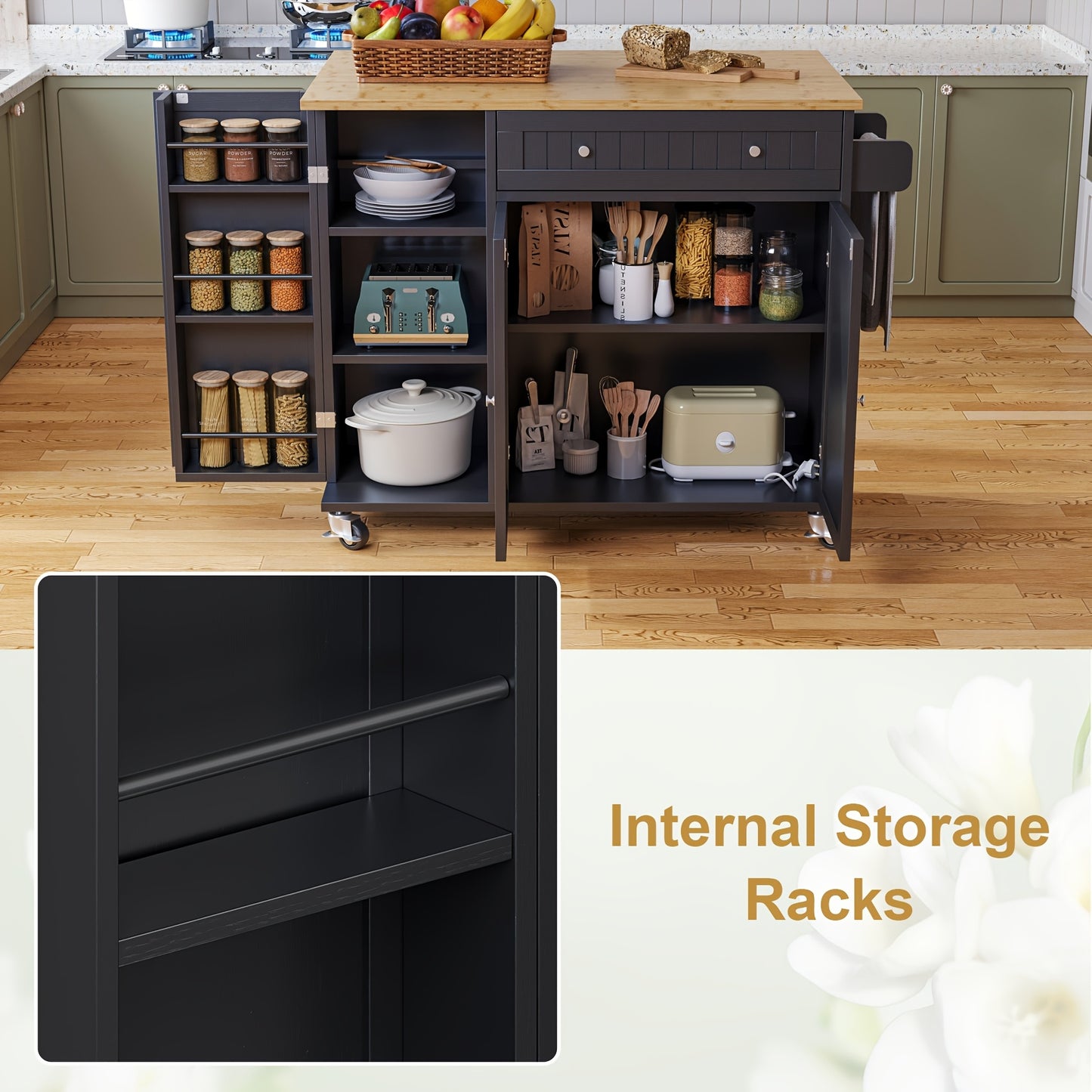 Kitchen Island With Drop Leaf On Wheels And Storage Cabinet