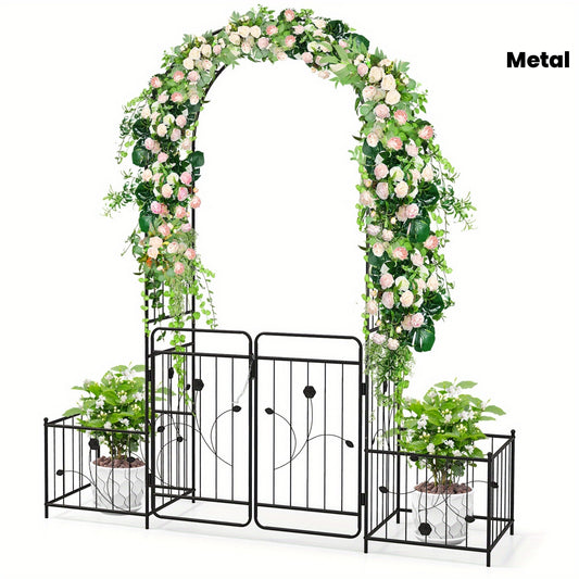 87 Inch Black Metal Garden Arbor With Lockable Gate