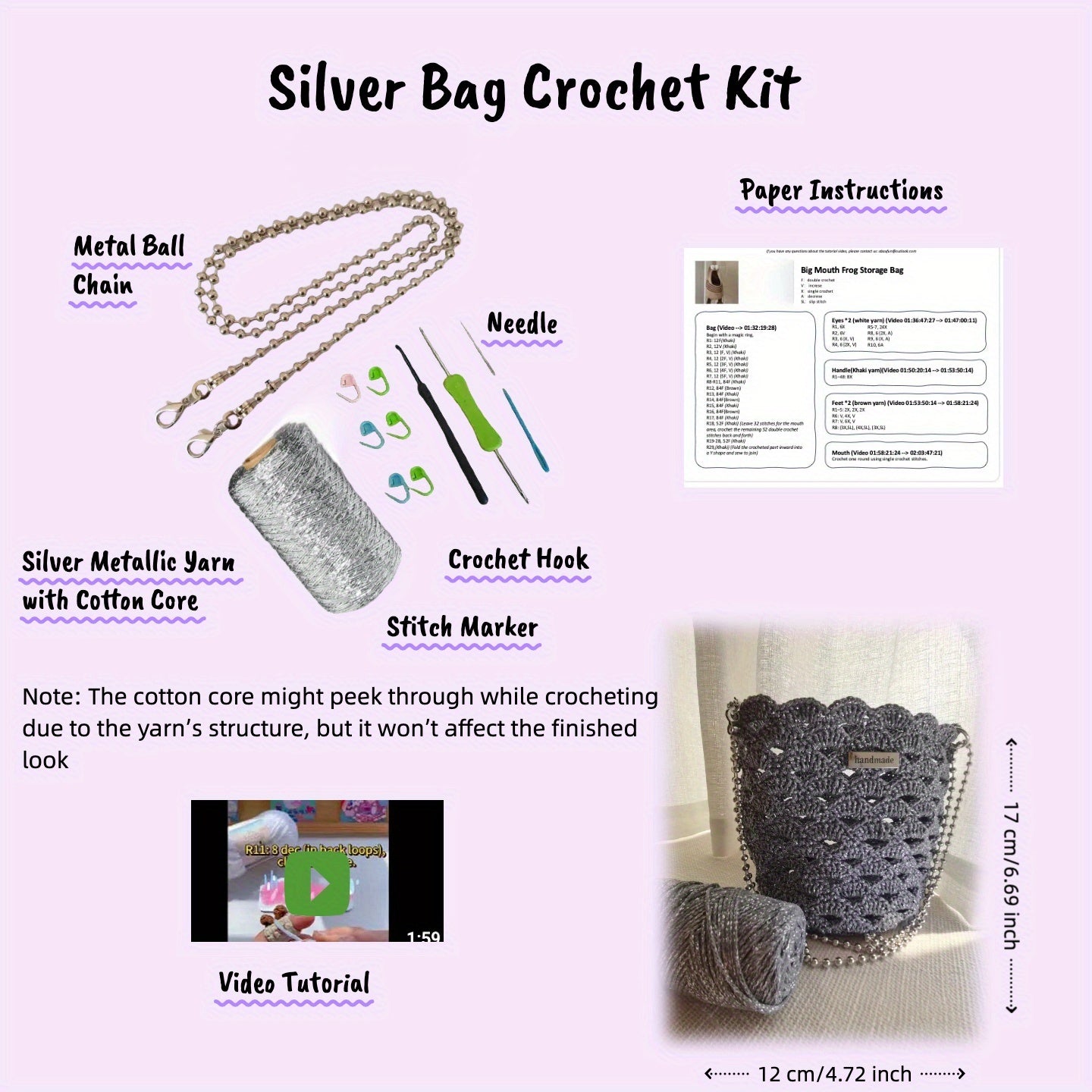 Metallic Silver Crochet Bag Kit With Beaded Chain Shell