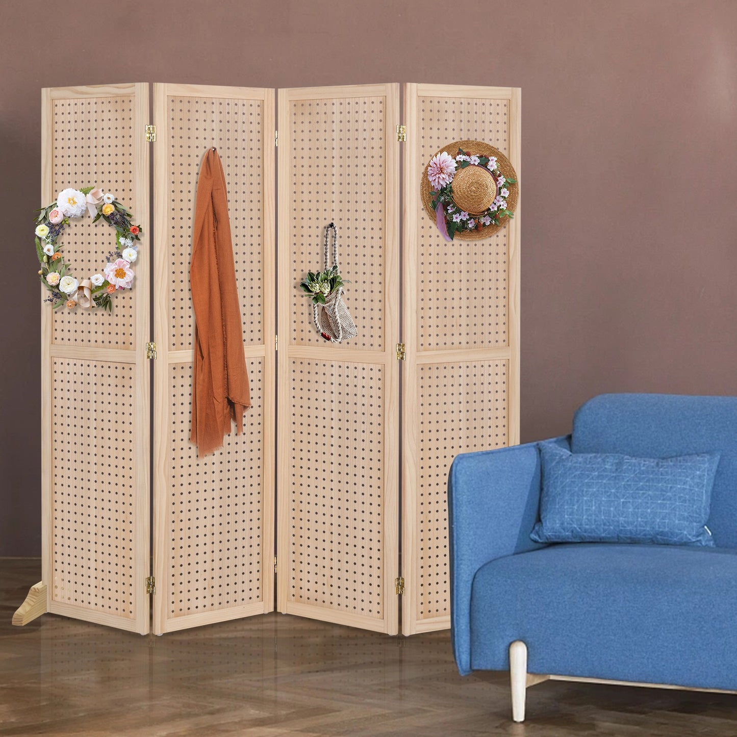 5 Ft Wood Freestanding Pegboard Room Divider Organizer