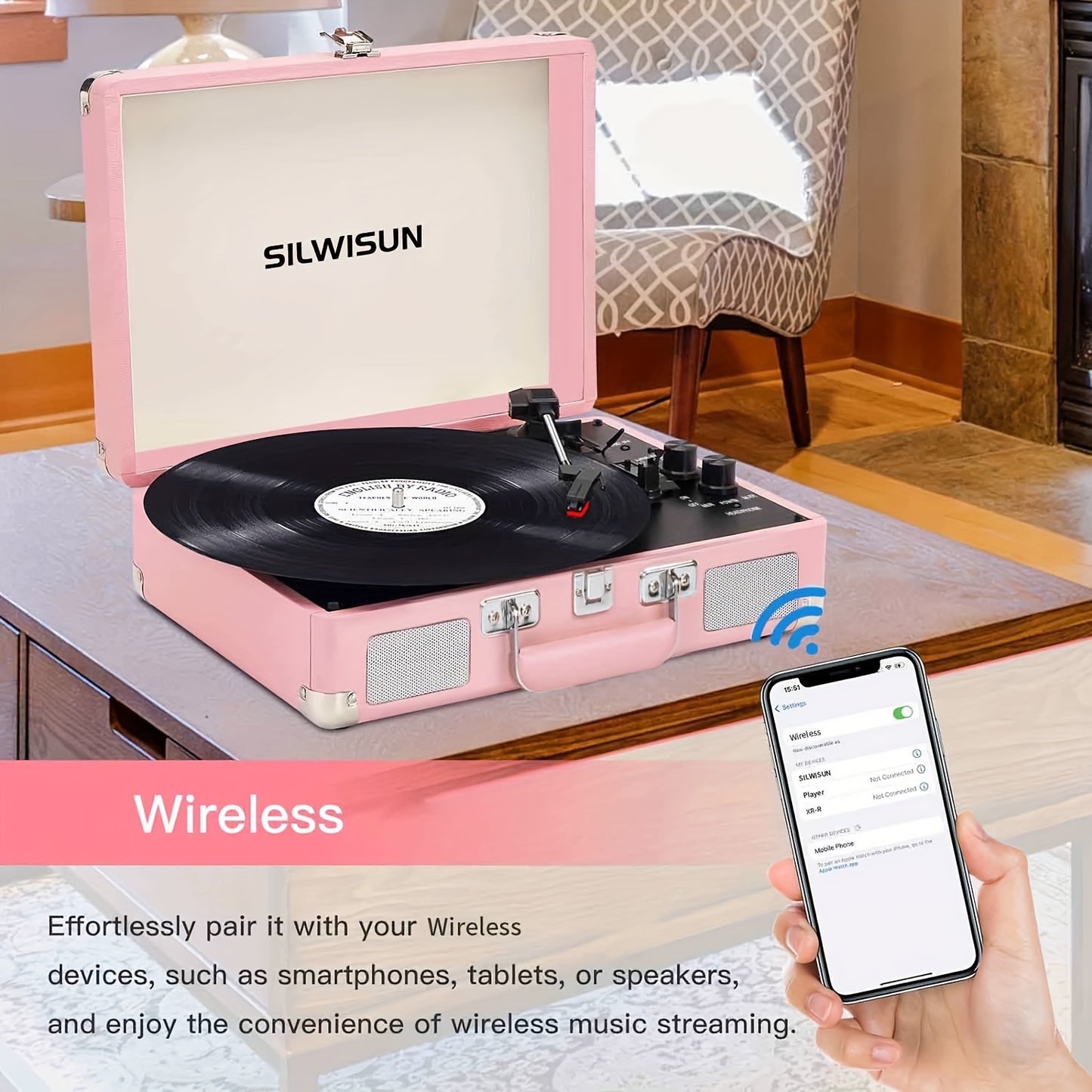 Pink Portable Bluetooth Vinyl Record Player 3 Speed Battery