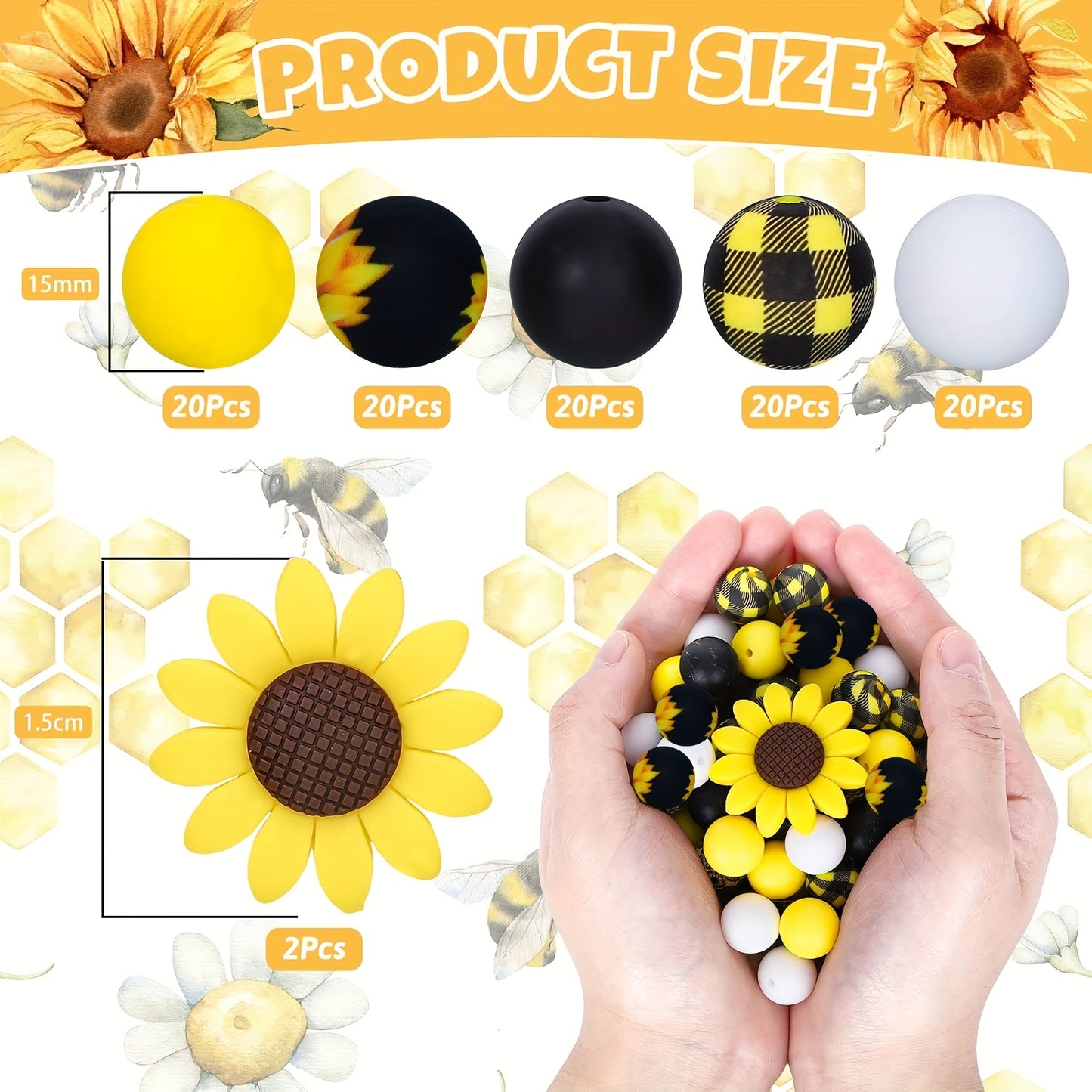 Yellow Sunflower Silicone Bead Set 82pcs For DIY Jewelry