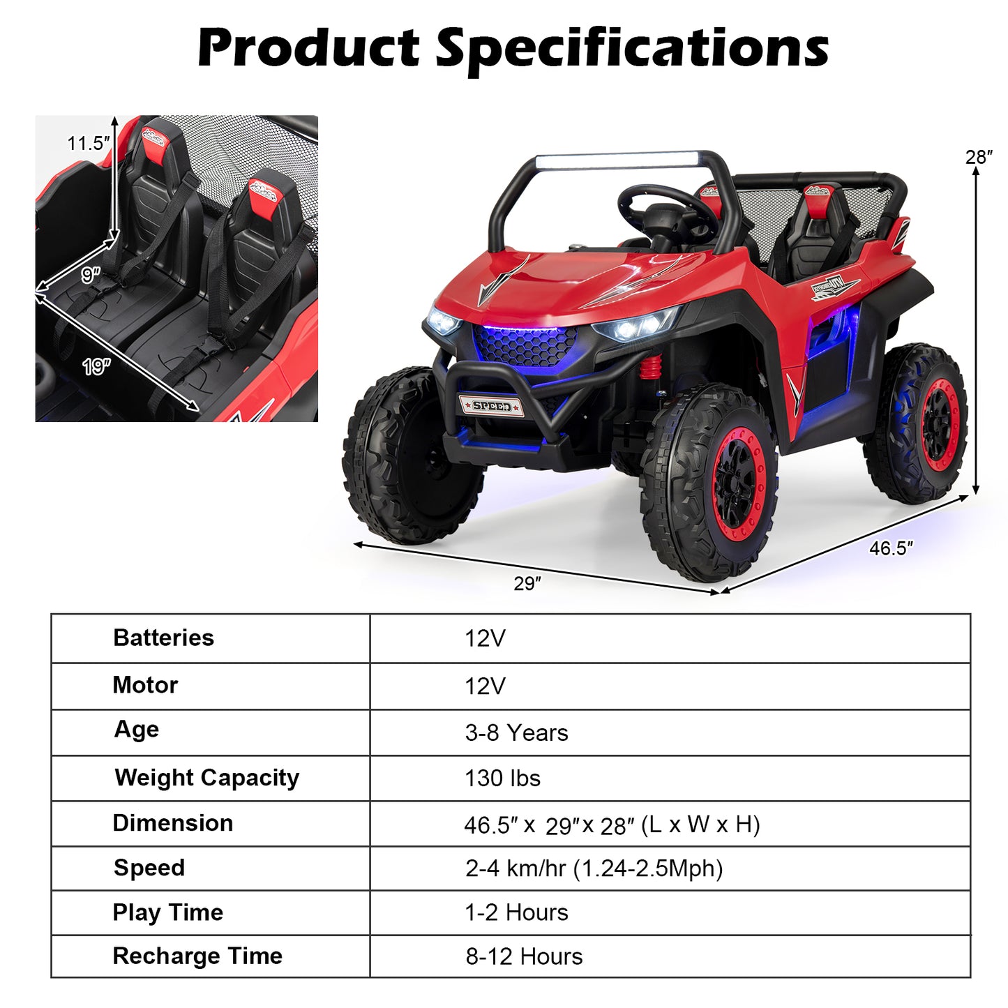 COSTWAY 12V Kids Electric UTV Ride On With Remote And Lights