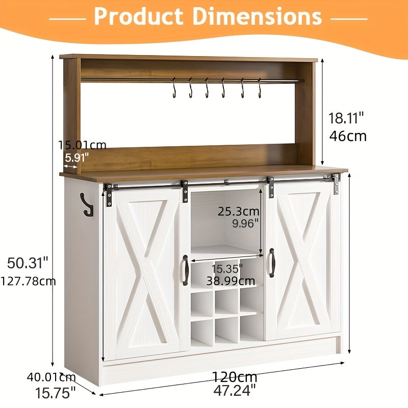 47 Inch Farmhouse Coffee Cabinet With 9 Racks And 6 Hooks