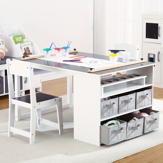 Wooden Art Table With 2 Chairs And Storage Bins For Crafts