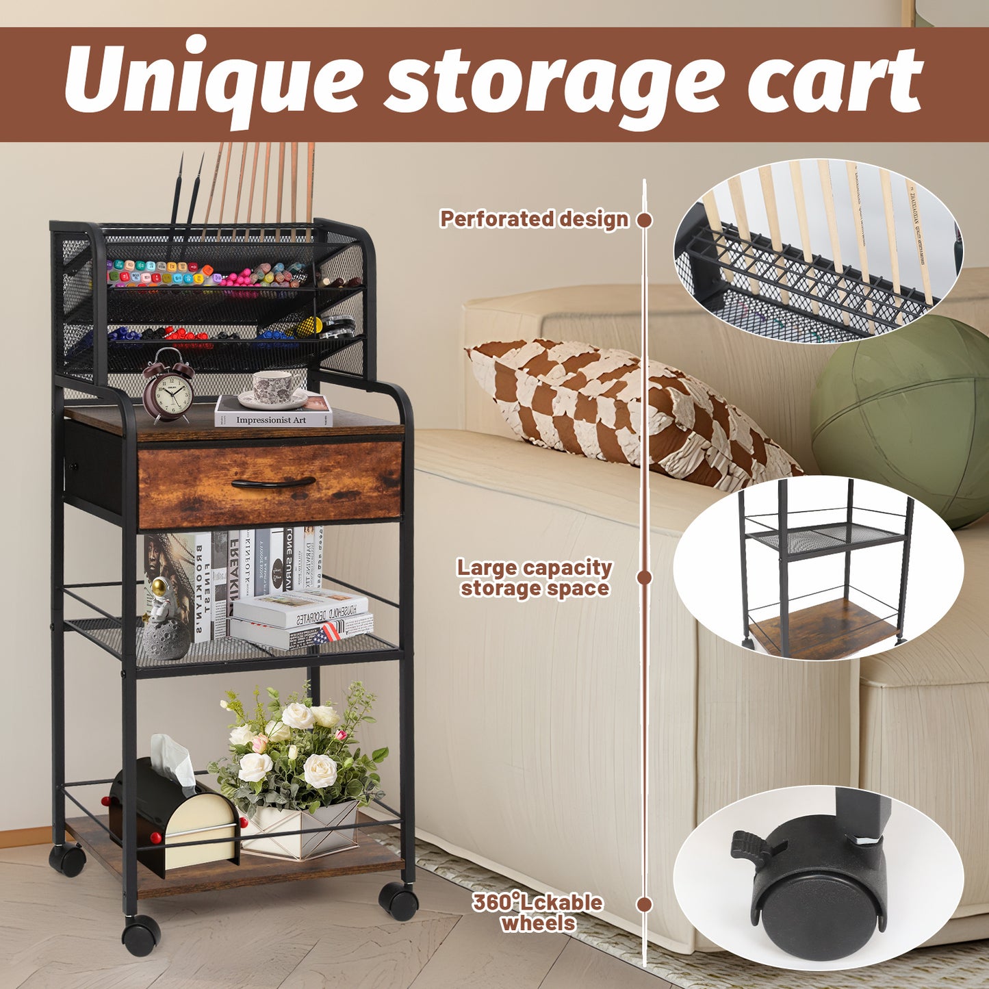 6 Tier Metal and Wood Rolling Utility Cart with Drawer