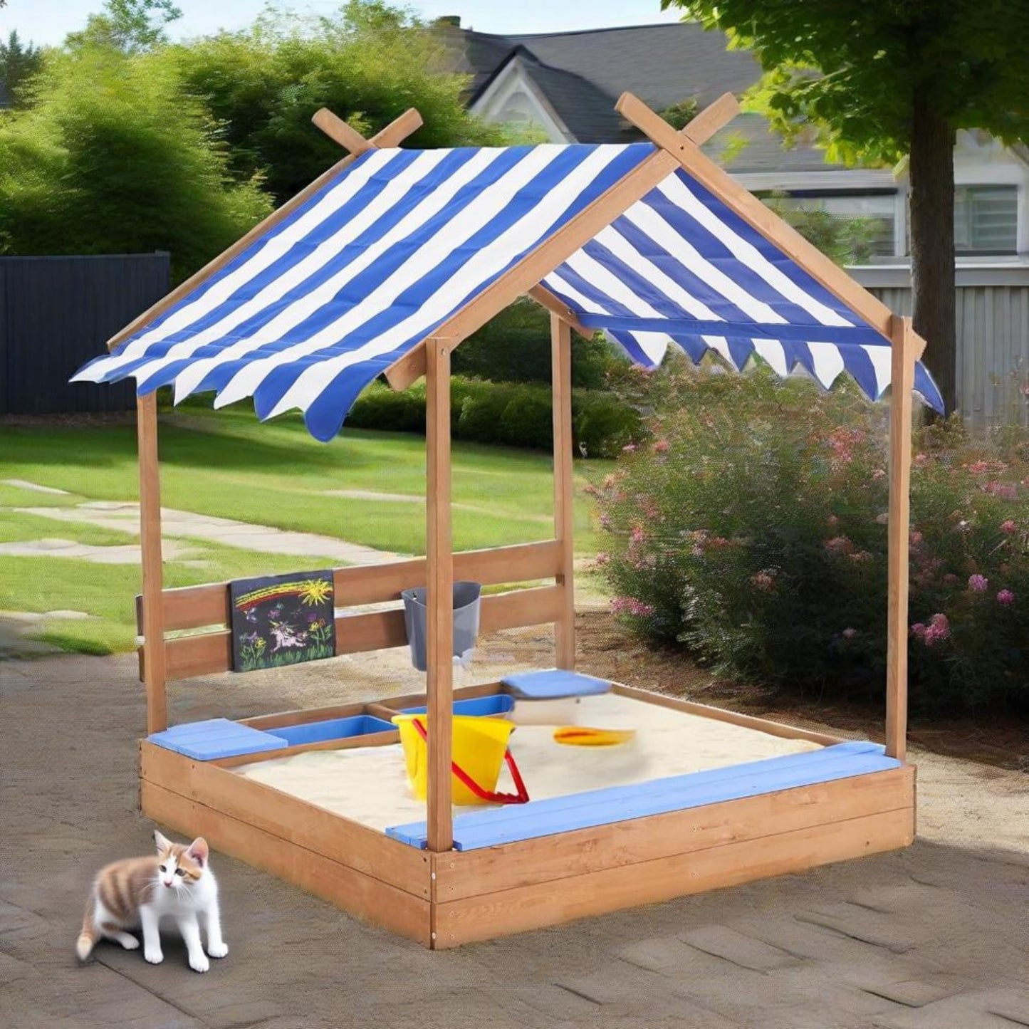 49 Inch Sandbox With Canopy And Playhouse Outdoor Kit