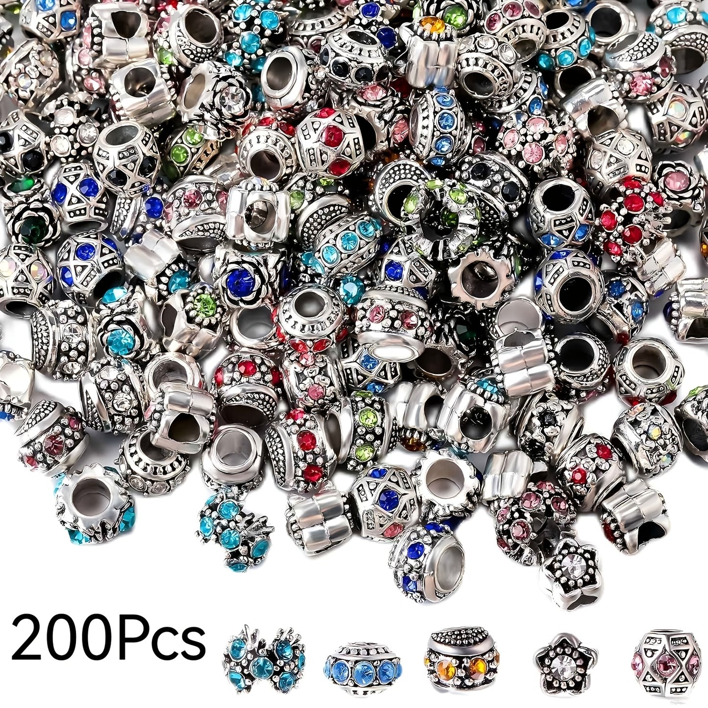 Metal Bead Set With Rhinestone Large Hole DIY Jewelry
