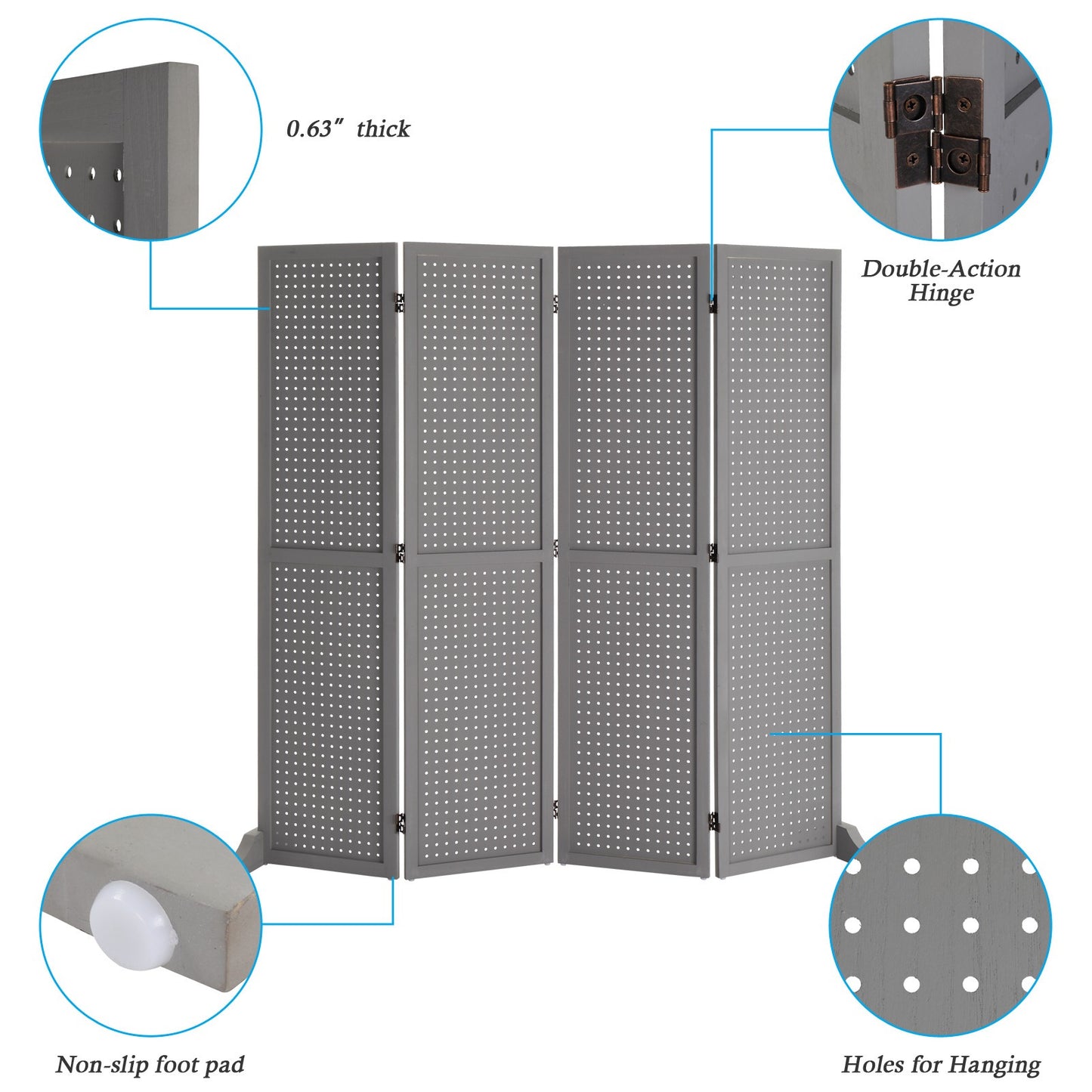 5 Ft Wood Freestanding Pegboard Room Divider Organizer