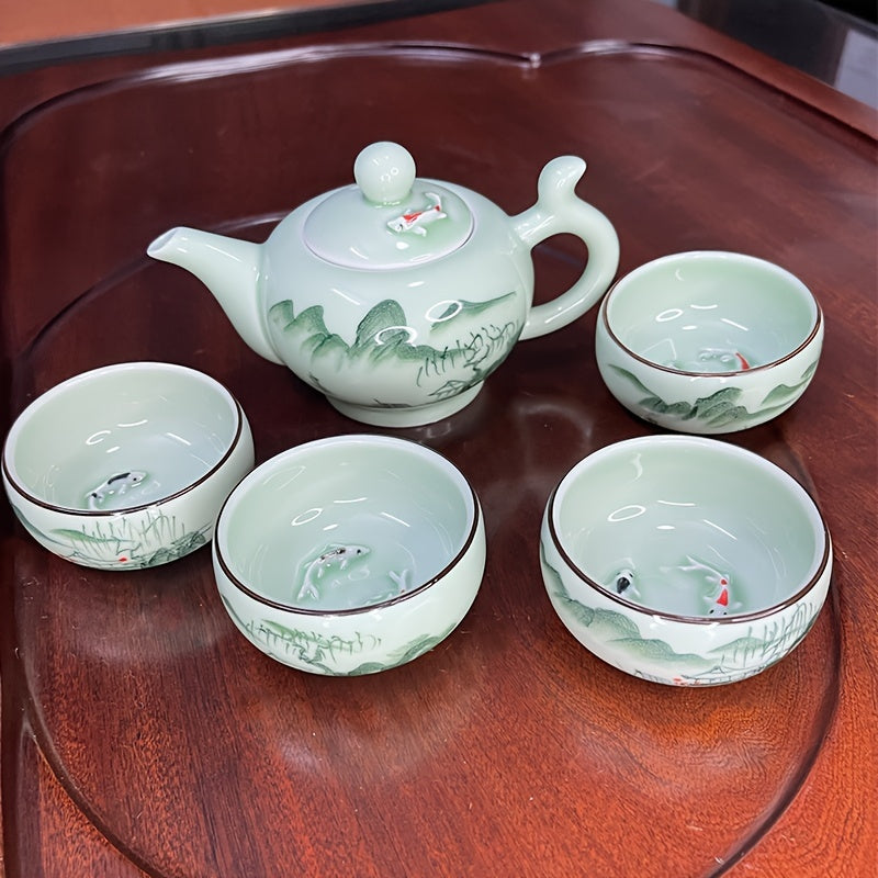 Hand Painted Modern Ceramic Carp Tea Set 5 Piece For Home