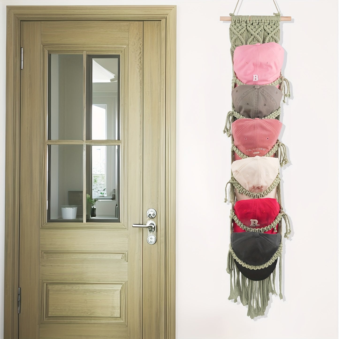 Wooden Wall Mount Hat Rack With Macrame Tassels Foldable