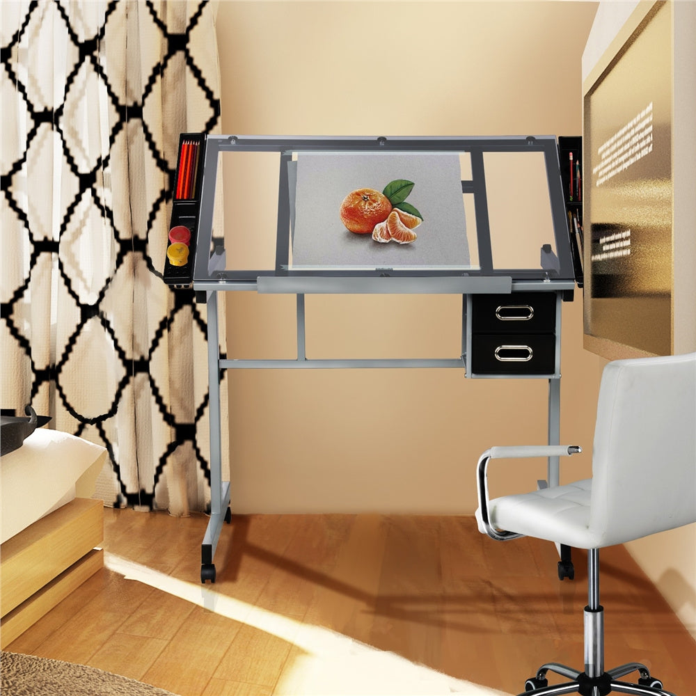 Costoffs Adjustable Glass Art Desk With Wheels And Drawers