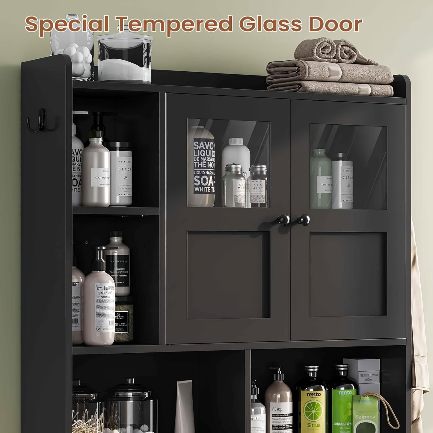 Over Toilet Cabinet With Glass Doors And Toilet Paper Holder