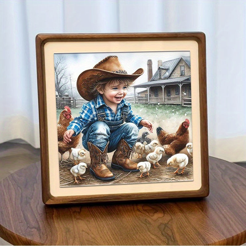 5D Diamond Painting Kit Cowboy And Chickens Round Canvas