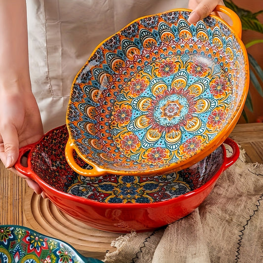 NTKOW Bohemian Ceramic Salad Bowl 12 Inch Dual Handles