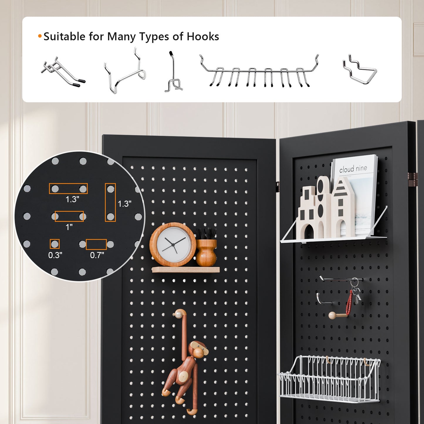 5 Ft Wood Freestanding Pegboard Room Divider Organizer