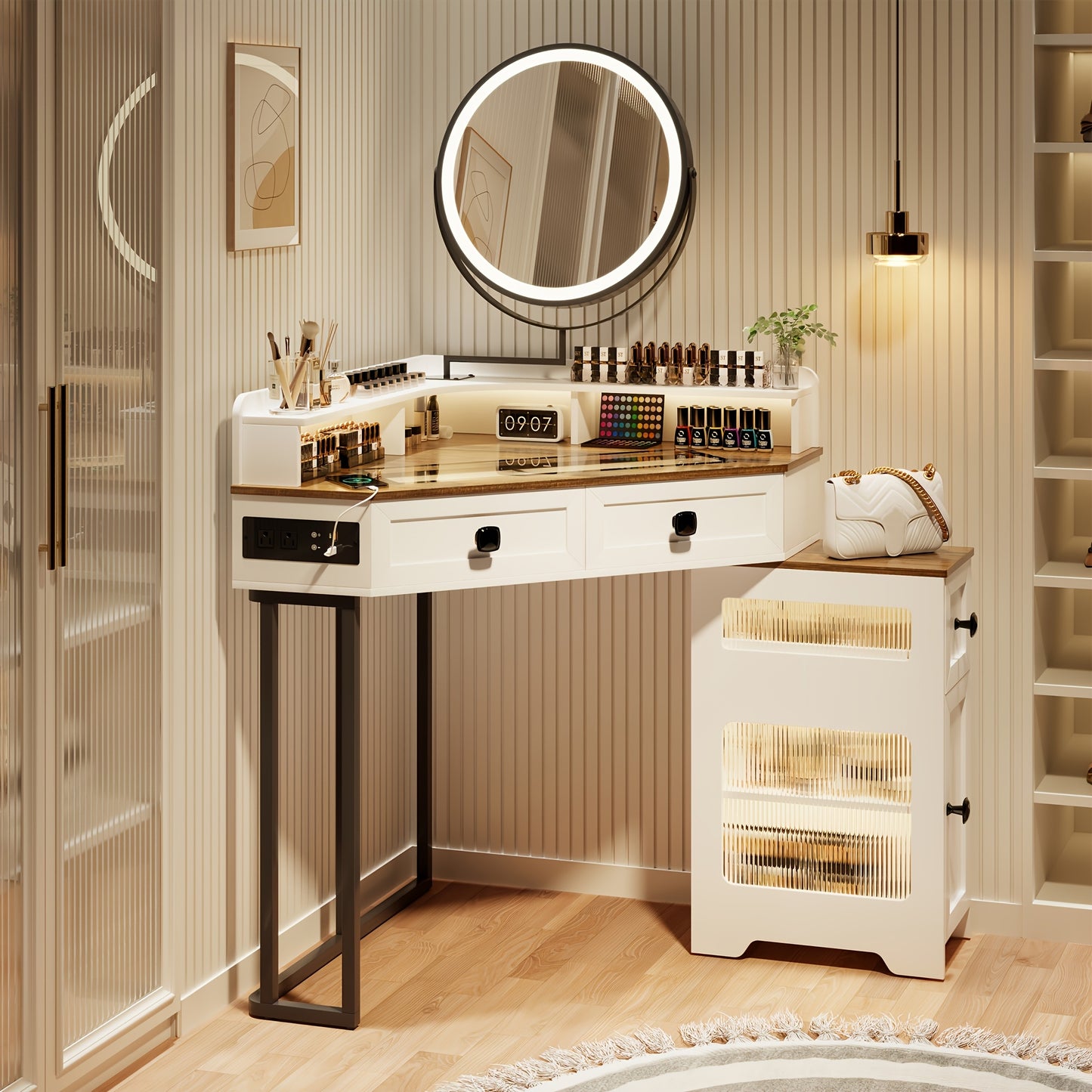 Dystler Corner Vanity With Mirror And Lights White Glass