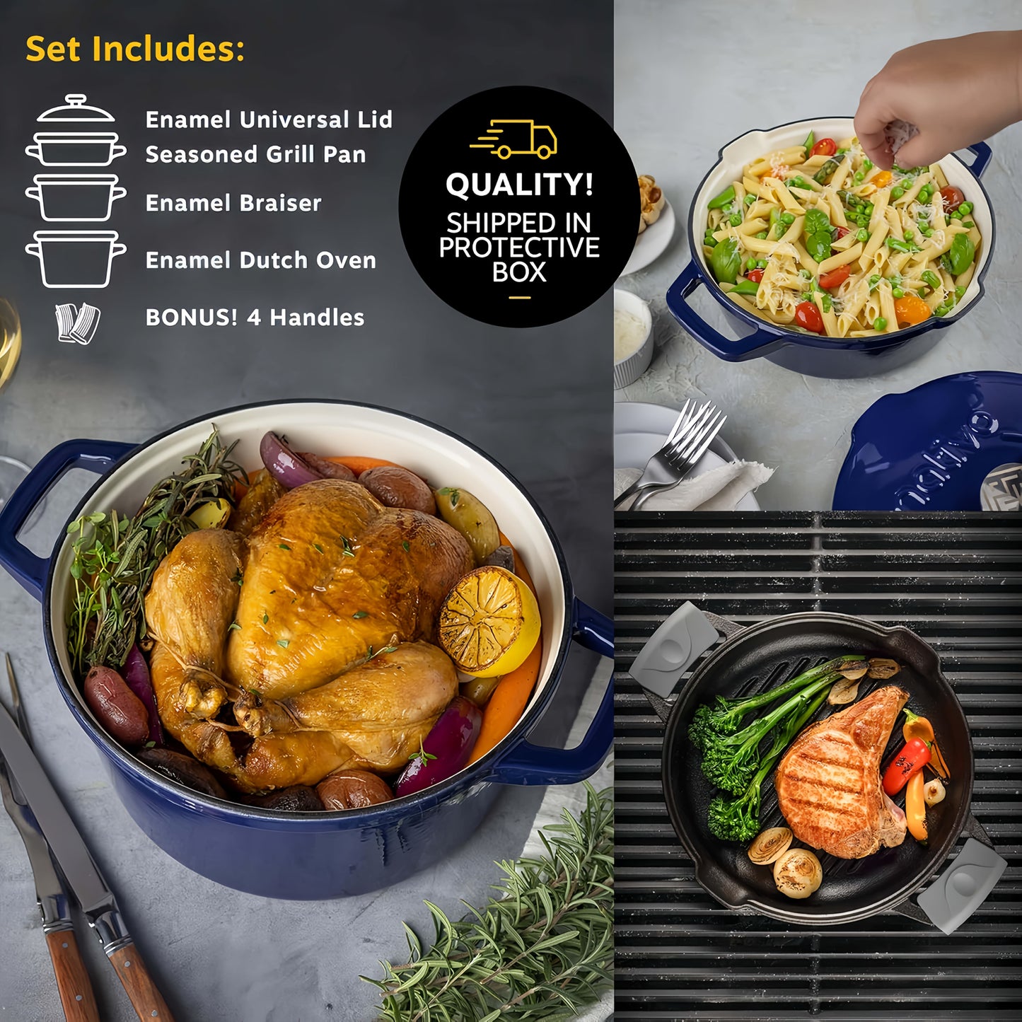 NATIVO 5 Piece Stackable Cast Iron Cookware Set Enamel