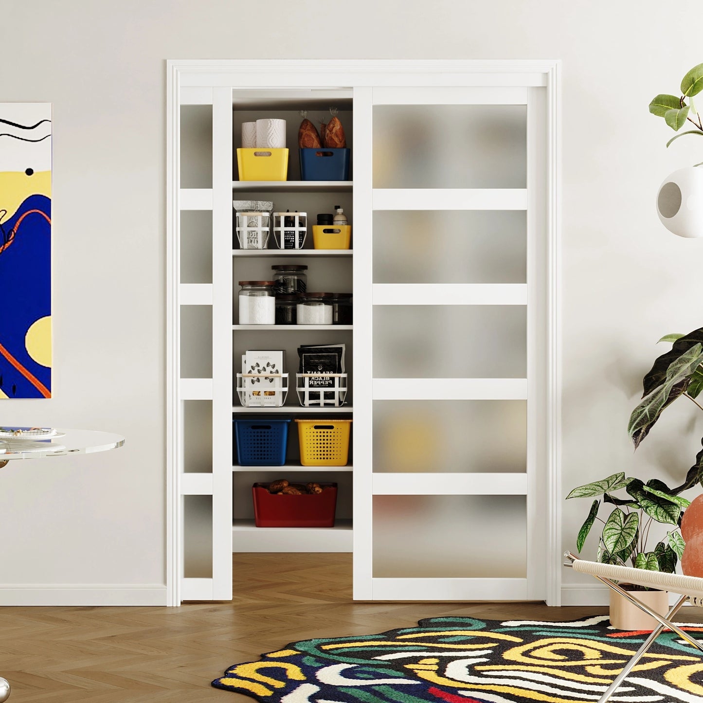 Sliding Pocket Door 5 Panel Frosted Glass White Primed