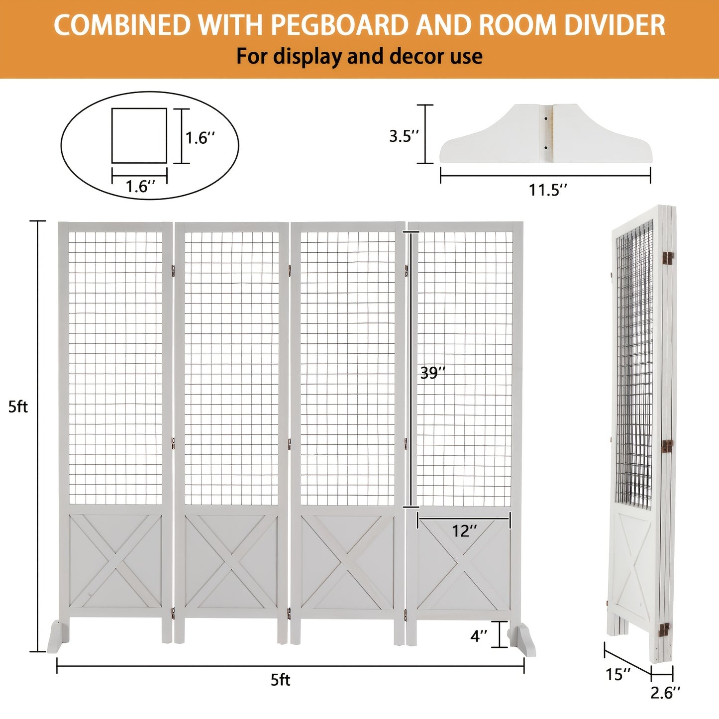 Matladin White 4-Panel Folding Gridwall Room Divider