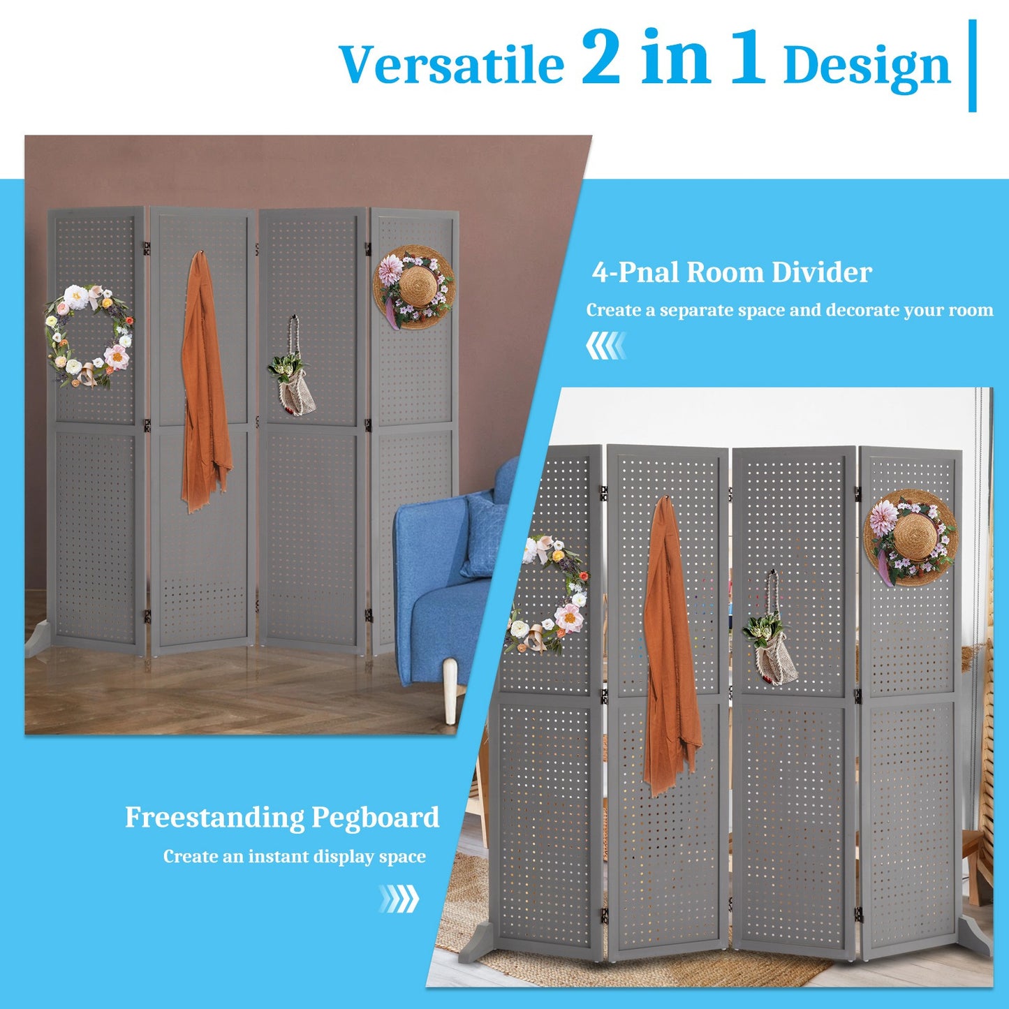 5 Ft Wood Freestanding Pegboard Room Divider Organizer