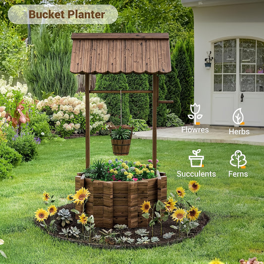 Rustic Wooden Wishing Well Planter With Hanging Bucket