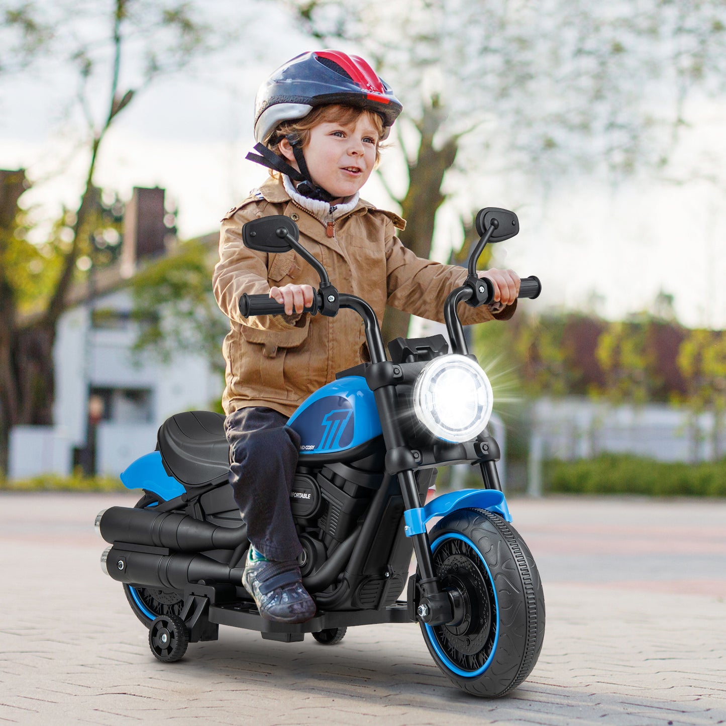 COSTWAY 6V Kids Ride Motorcycle With Training Wheels Navy