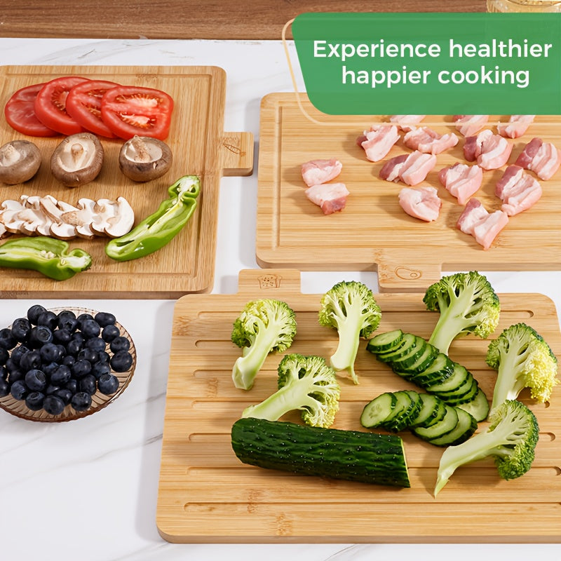 Bamboo Cutting Board Set With Stand Juice Groove Food Icons