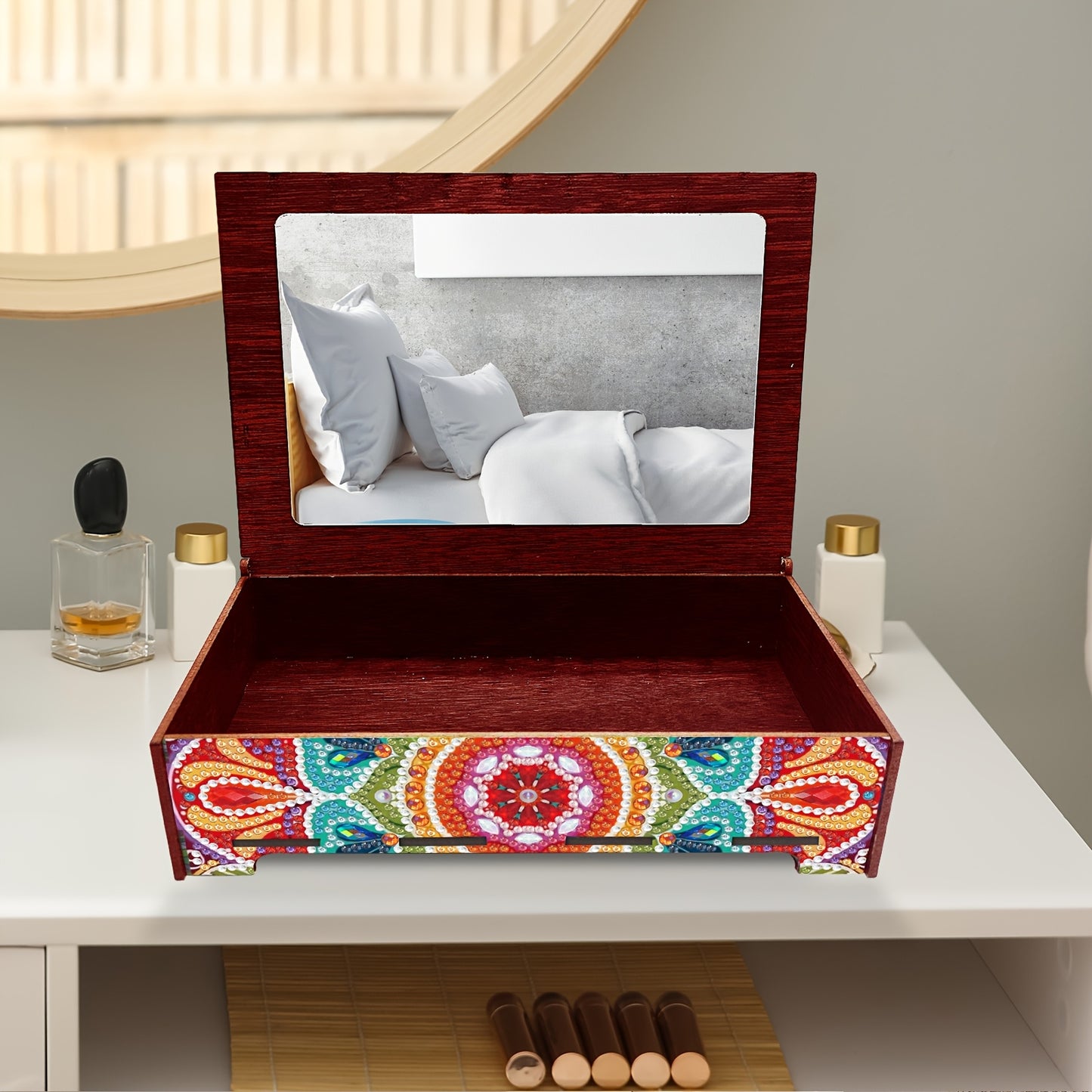 Diamond Painting Kit With Mirror Cover Mandala Wooden Box