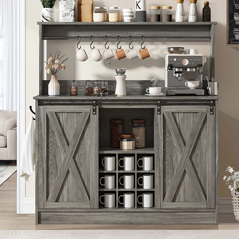 47 Inch Farmhouse Coffee Cabinet With 9 Racks And 6 Hooks