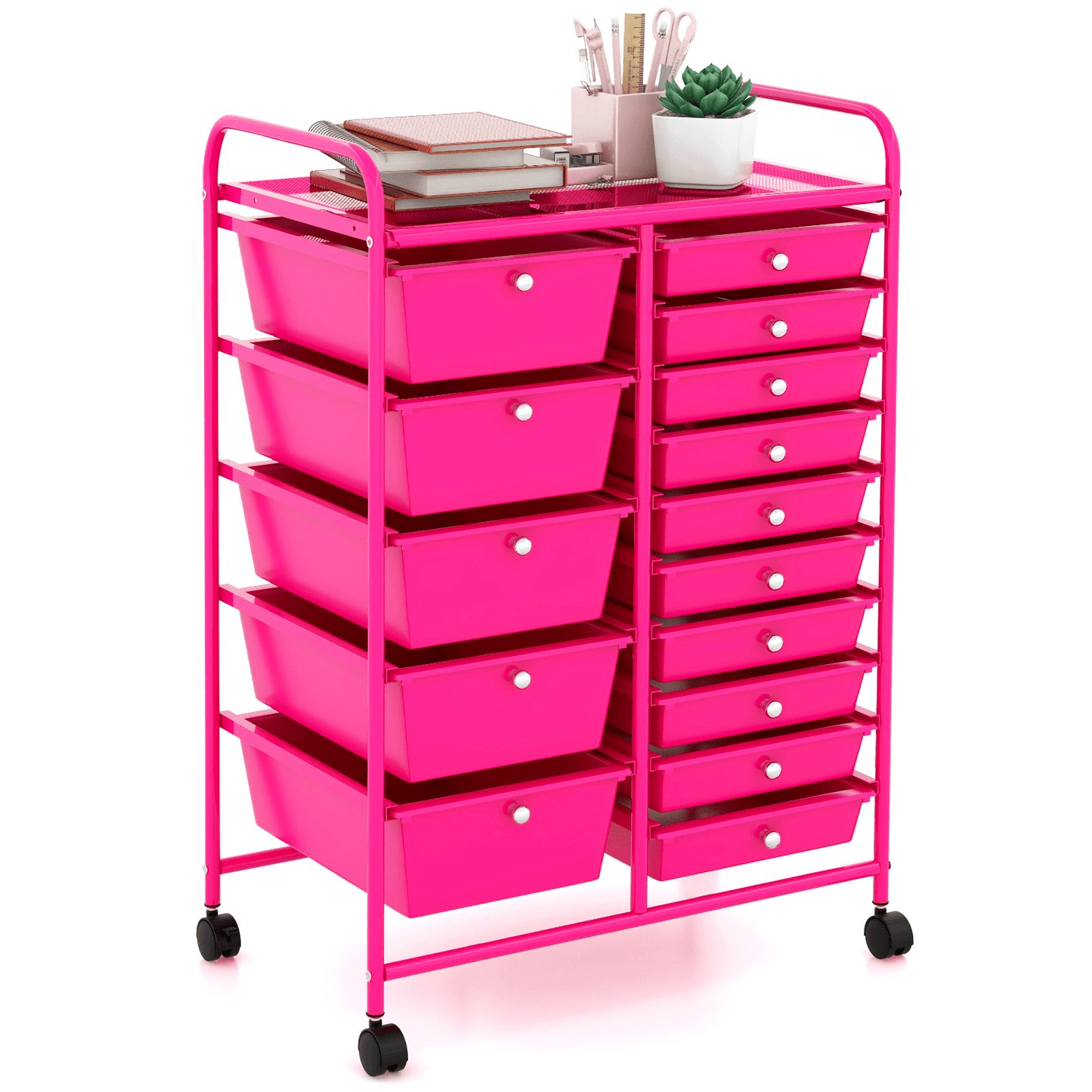 MULTIGOT Pink Cast Iron 15-Drawer Rolling Storage Cart