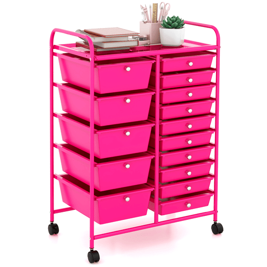 MULTIGOT Pink Cast Iron 15-Drawer Rolling Storage Cart