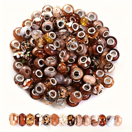 70Pcs Large Hole Beads Coffee Series Marble Patterns
