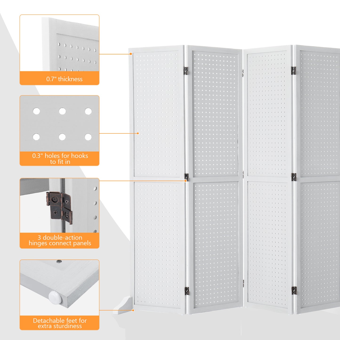 5 Ft Wood Freestanding Pegboard Room Divider Organizer