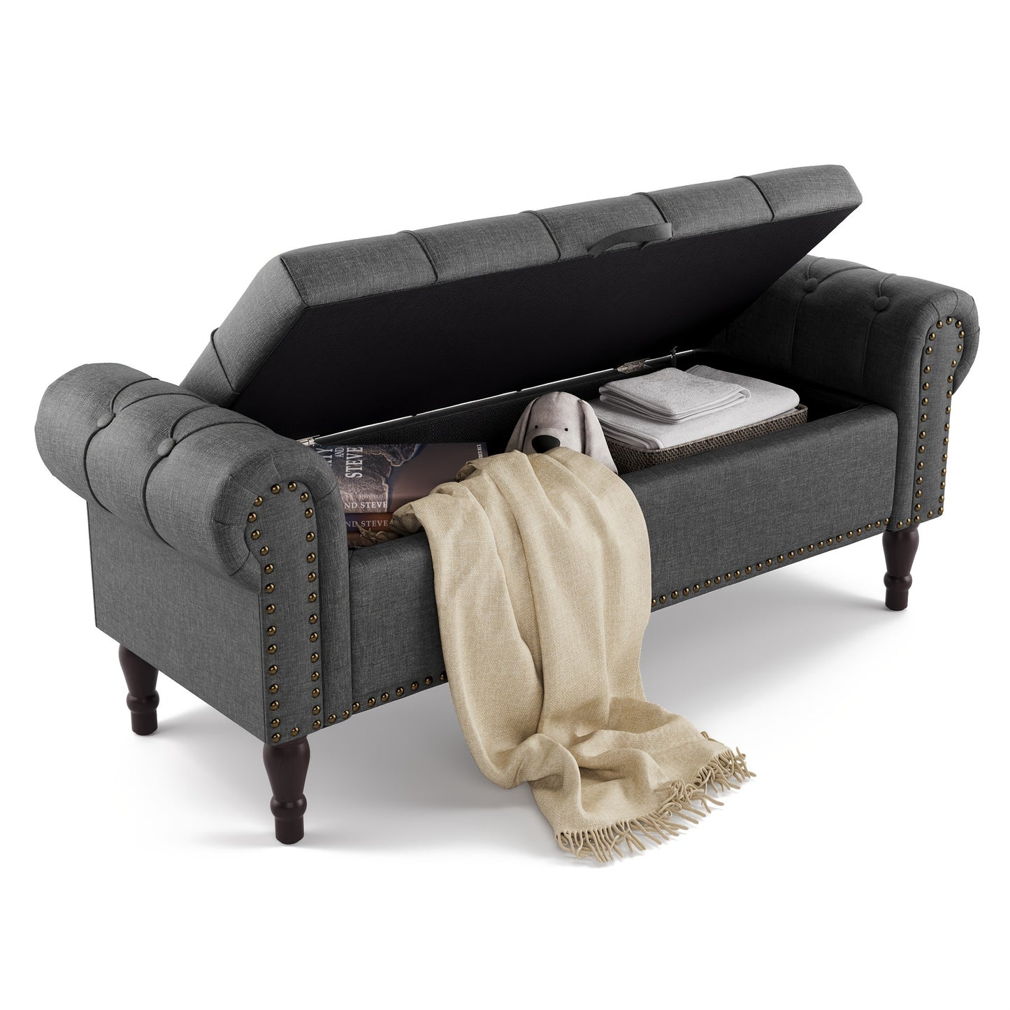 Storage Bench Ottoman 50 Inch Linen And Faux Leather
