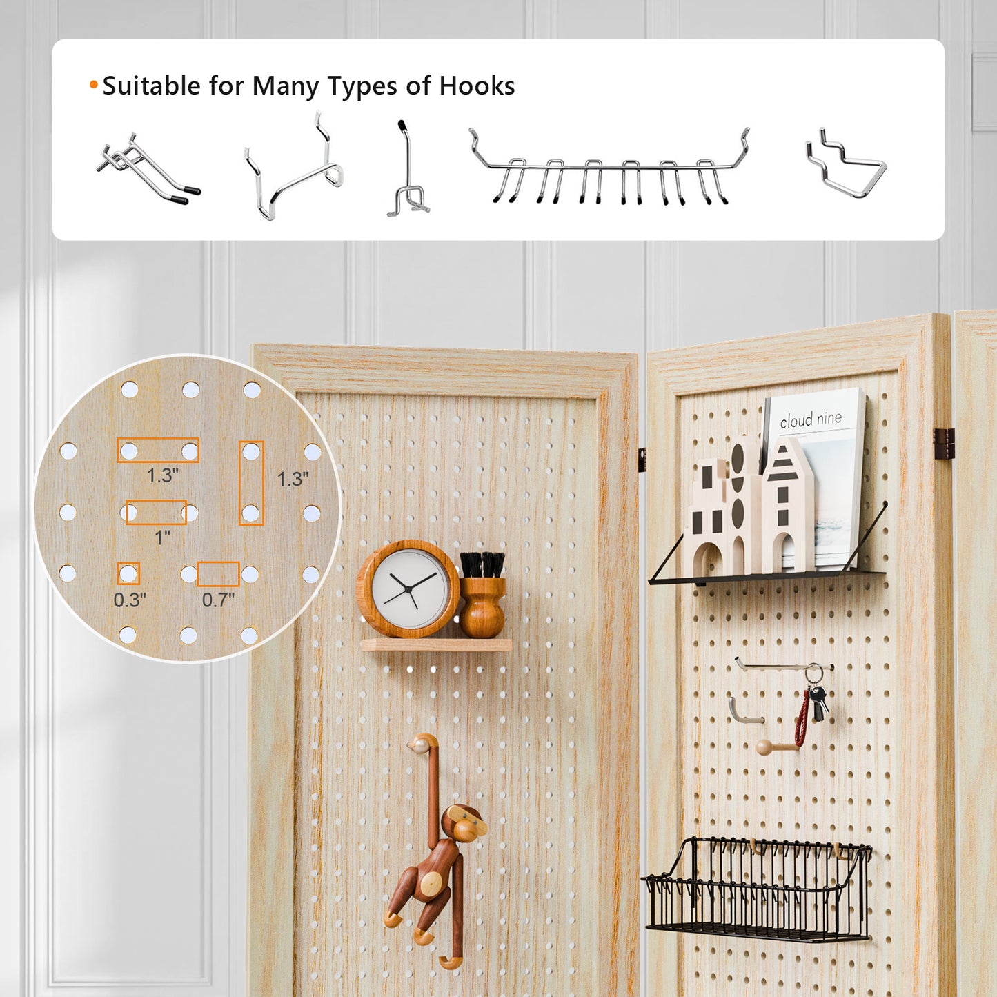 5 Ft Wood Freestanding Pegboard Room Divider Organizer