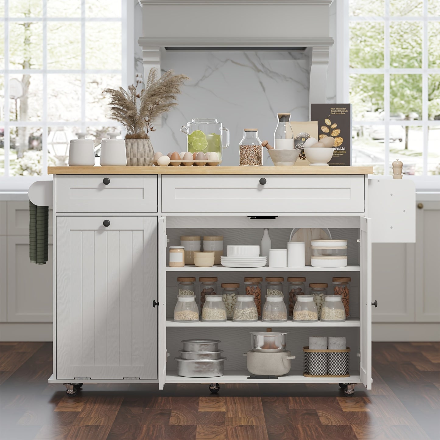 60 Inch Mobile Kitchen Island Cart With Power Outlet