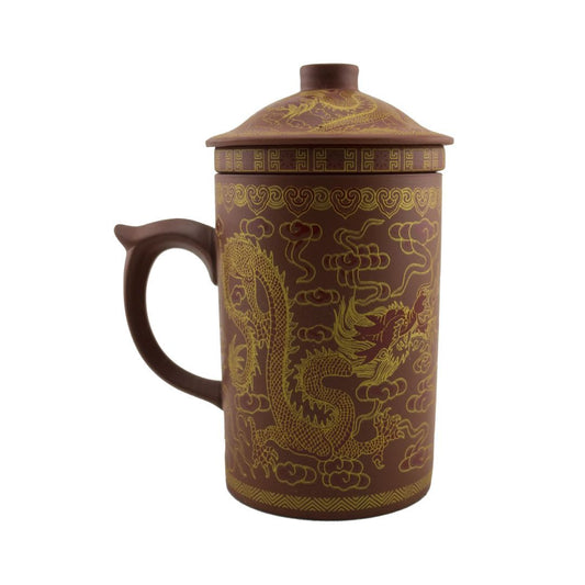 Dragon Print Yi Xing Clay Mug With Strainer 12 Oz Ceramic