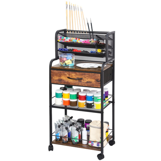 6 Tier Metal and Wood Rolling Utility Cart with Drawer