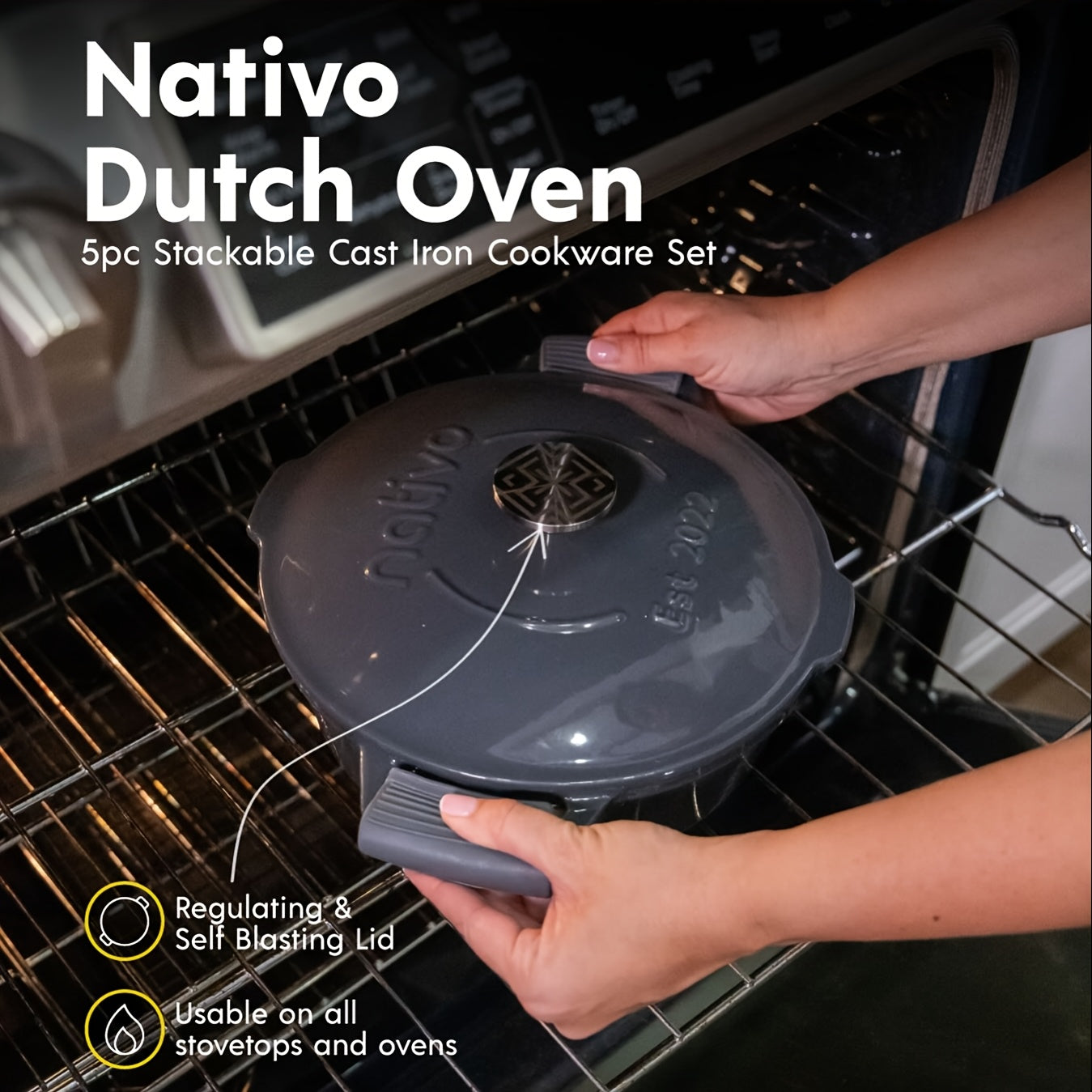 NATIVO 5 Piece Stackable Cast Iron Cookware Set Enamel